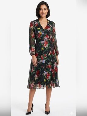 Alice + Olivia Black Floral Wrap Midi Dress with Red & Green Accents,  Size 4.